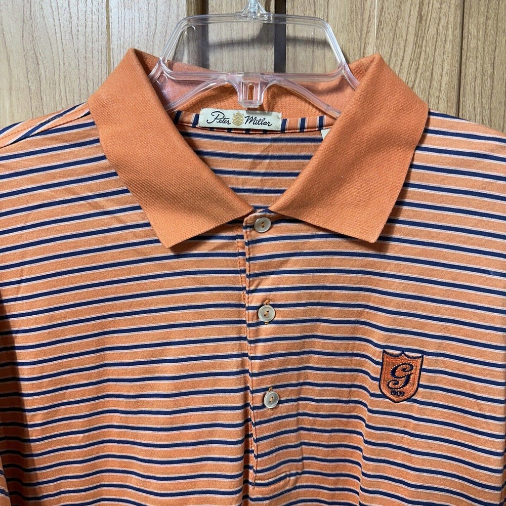 Peter Millar Polo Shirt Men L Large Orange blue striped G 1909 logo golf